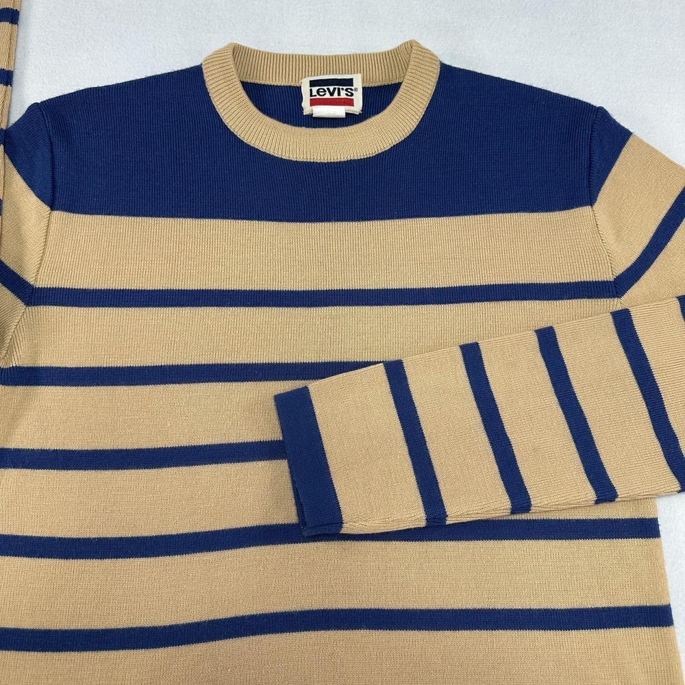 Vintage Levi's Sweater Mens Large Beige Blue Stripe Crewneck Knit Hong Kong 80s